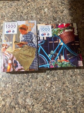 Two 1000-piece Jigsaw Puzzles with Art & Bicycle Designs Brand New & Sealed